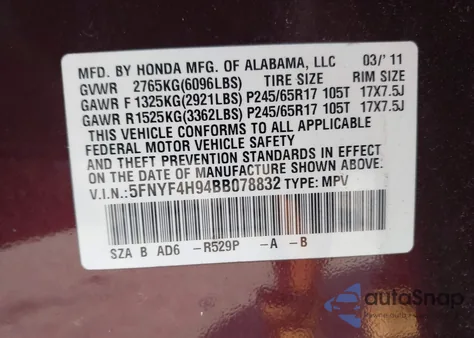 2011 Honda Pilot Touring z USA, uszkodzony, nr VIN 5FNYF4H94BB078832